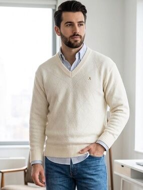 VINTAGE Men's/Unisex Cream V-Neck acrylic long sleeved Sweater Sze Medium